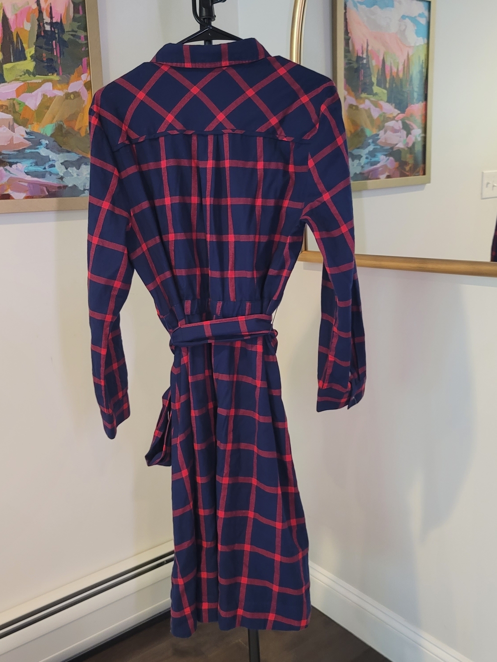 EUC J CREW Cotton Flannel Shirt Dress Navy Blue Red Plaid Preppy Women's Size 12 - Picture 5 of 12